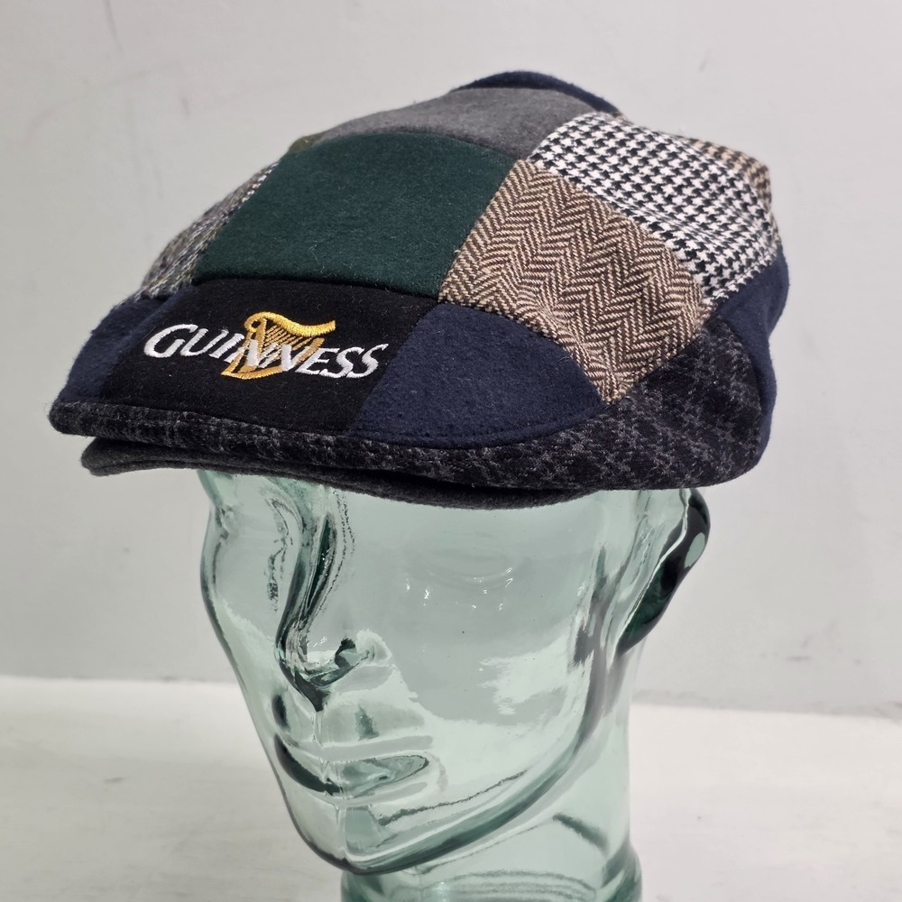 Guinness Beer Derby Cap Patchwork Tweed Wool Embroidered Logo Snap Sz M EUCโ